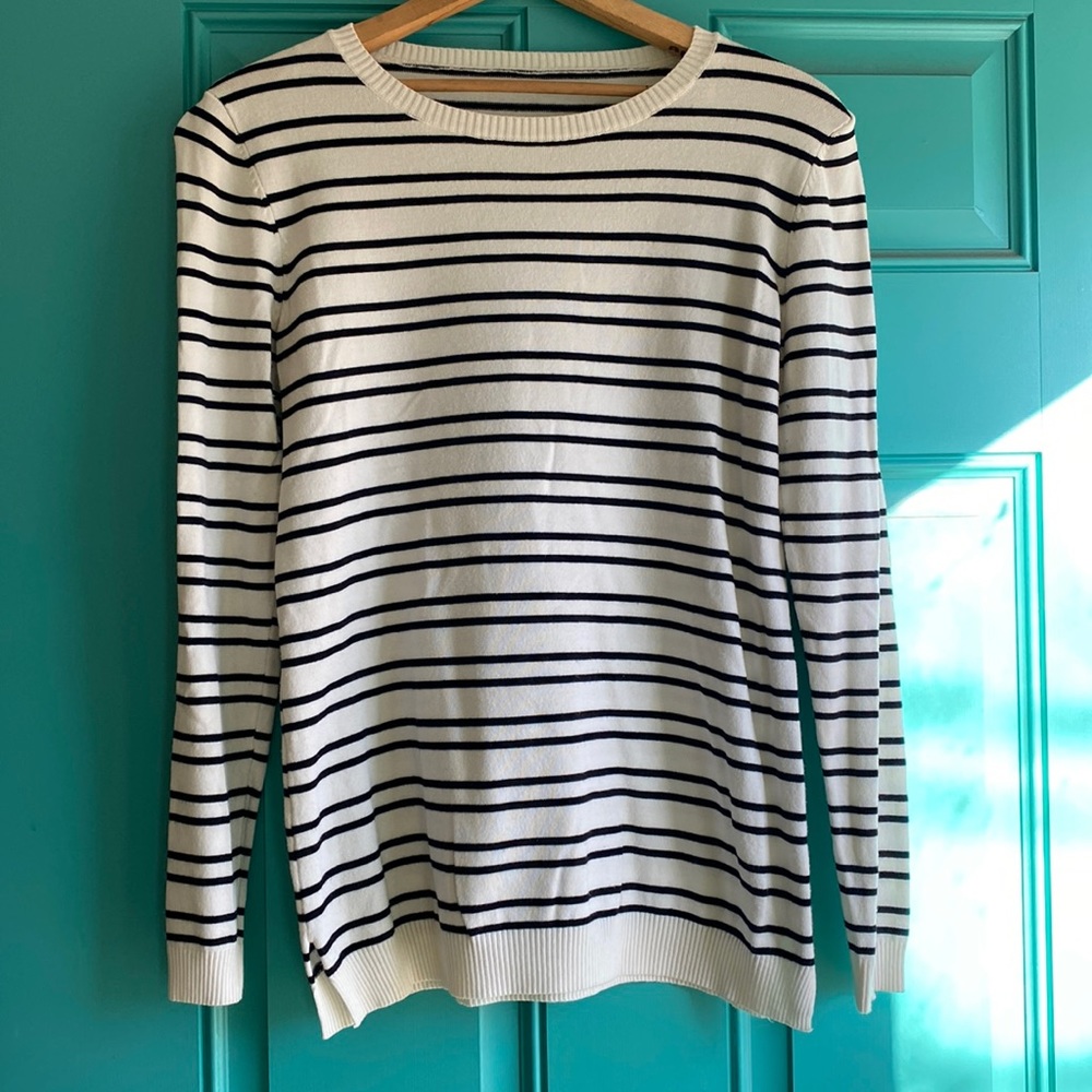 black and white striped sweater, elbow patch